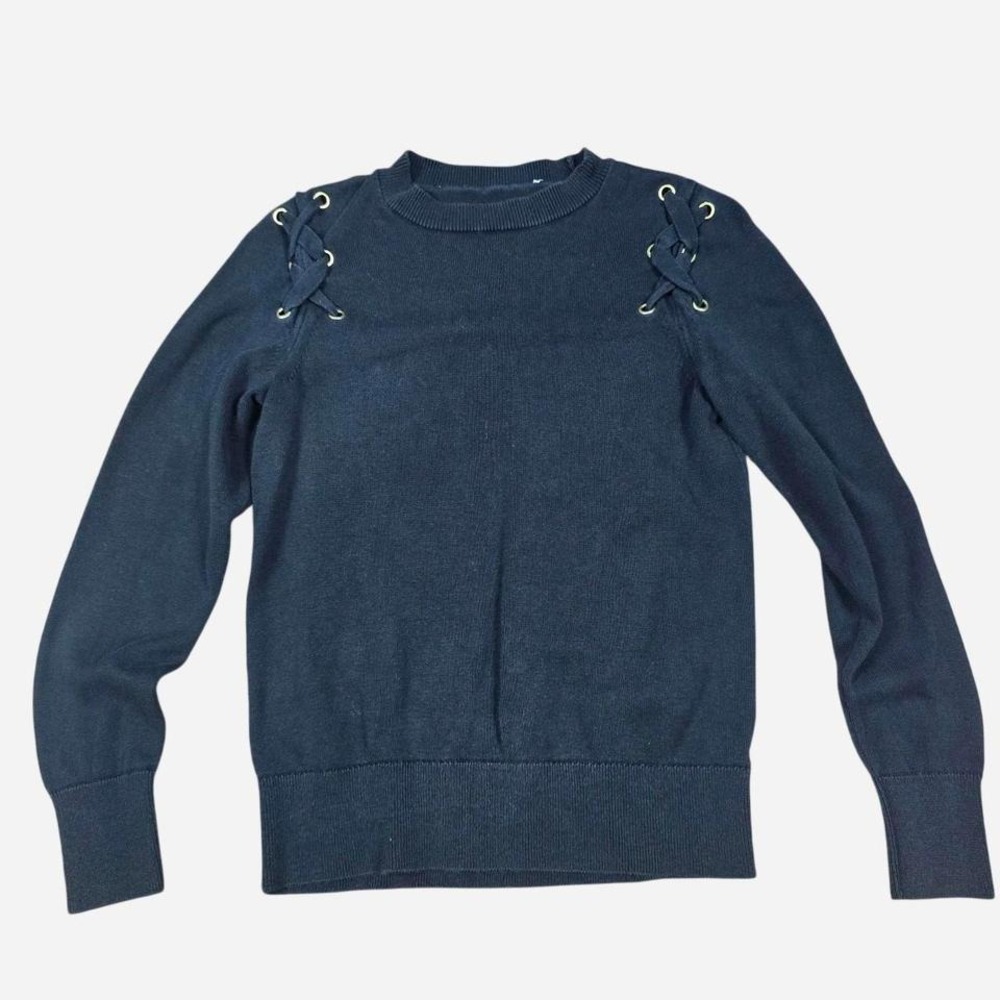 Black sweater with gold lace up detailing on‎ the sleeves